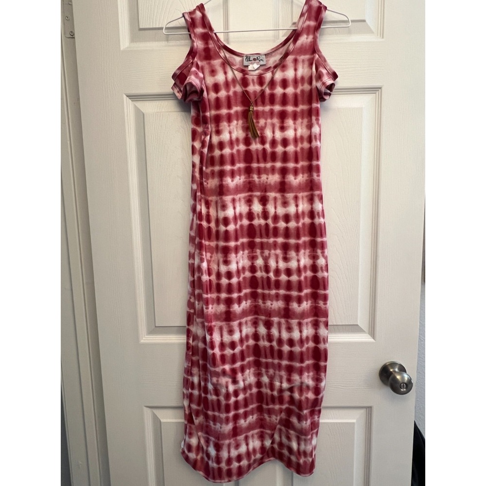 Urban‎ Rose Tie Dye Midi Dress Women's Size 14/16 Red Tassel Cold Shoulder USA